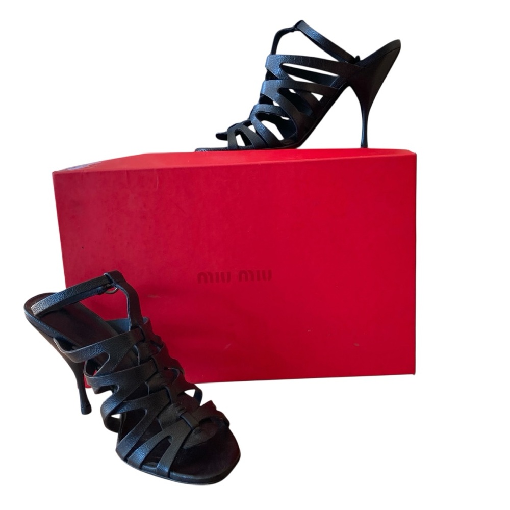 MIU MIU | BLK Pebbled Leather Strappy Cutout Gladiator Sandals Heels Sz 37.5 IT